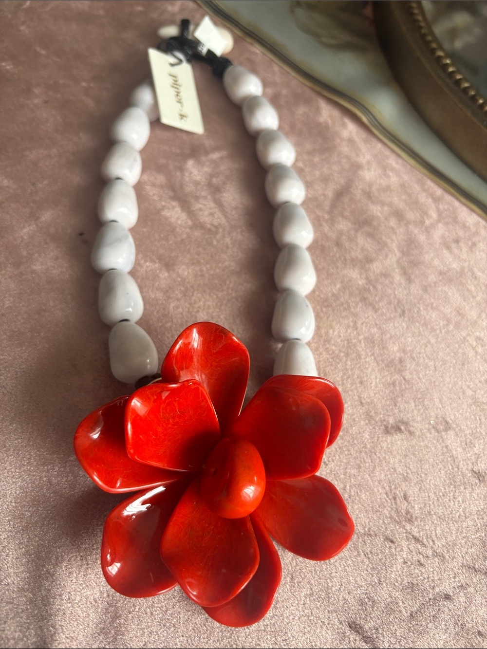 Statement Red Flower Necklace with White Beaded Strand